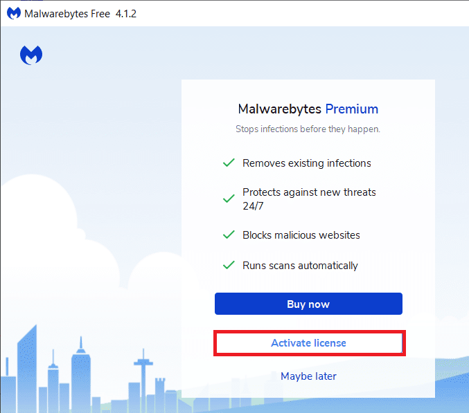 Start de applicatie en klik op de knop Licentie activeren |  Malwarebytes repareren Kan de servicefout niet verbinden