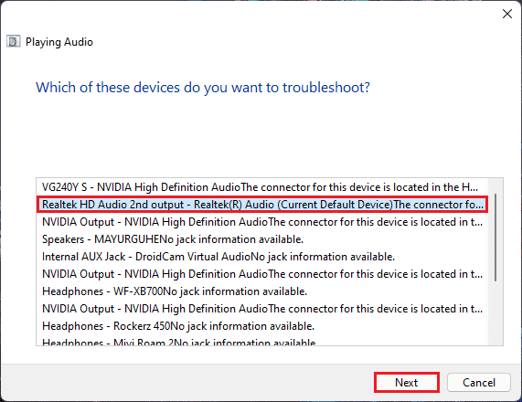 seleccione un dispositivo de audio en el Solucionador de problemas de reproducción de audio y haga clic en Siguiente Windows 11