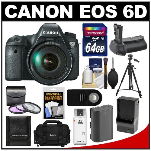 Canon EOS 6D Digital SLR Camera Body with EF 24-105mm L IS USM Lens with 64GB Card + Case + Battery  &  Charger + Battery Grip + Tripod + 3 UV/FLD/CPL Filters Kit