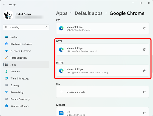 Las entradas HTTP y HTTPS de la página de configuración de un navegador