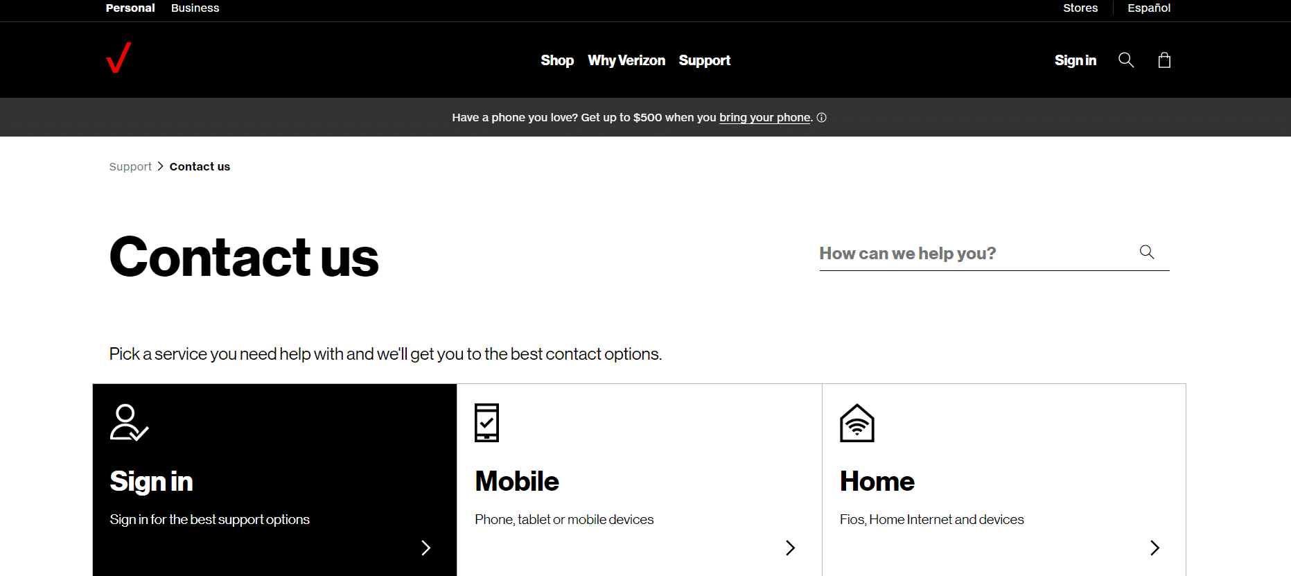 Verizon Wireless-ondersteuningspagina.  Hoe krijg ik een mens bij de klantenservice van Verizon