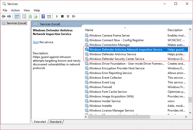 บริการป้องกันไวรัสของ Windows Defender