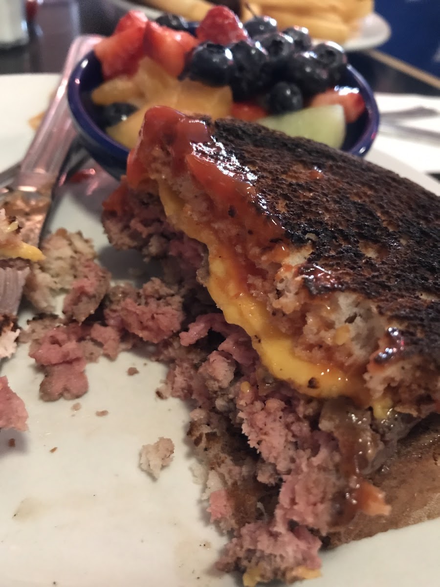 Cheeseburger on UDI's broiled bread w fresh fruit