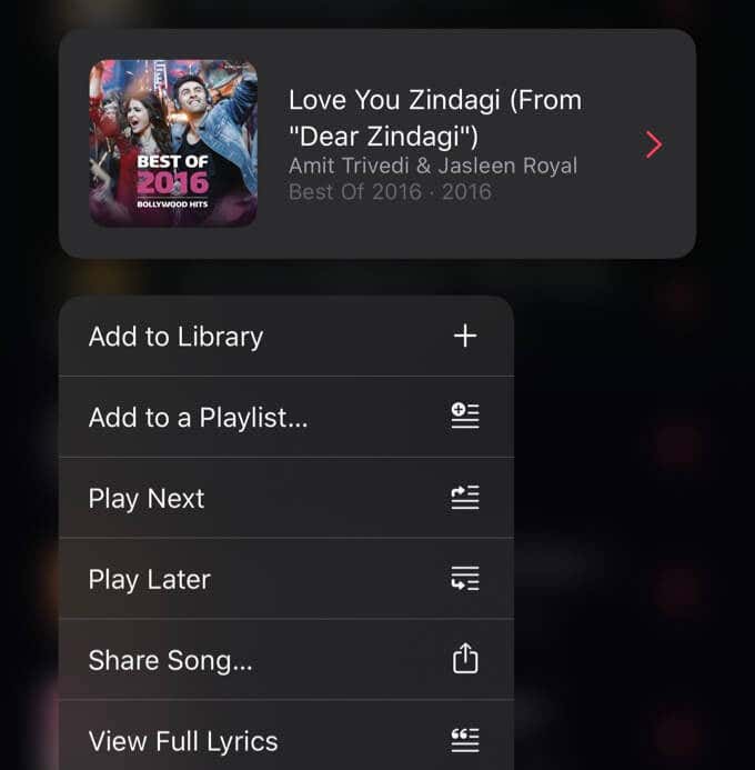 Pop-upvenster in Apple Music met optie Later afspelen