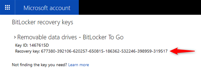 De lijst met BitLocker-herstelsleutels die zijn opgeslagen in een Microsoft-account