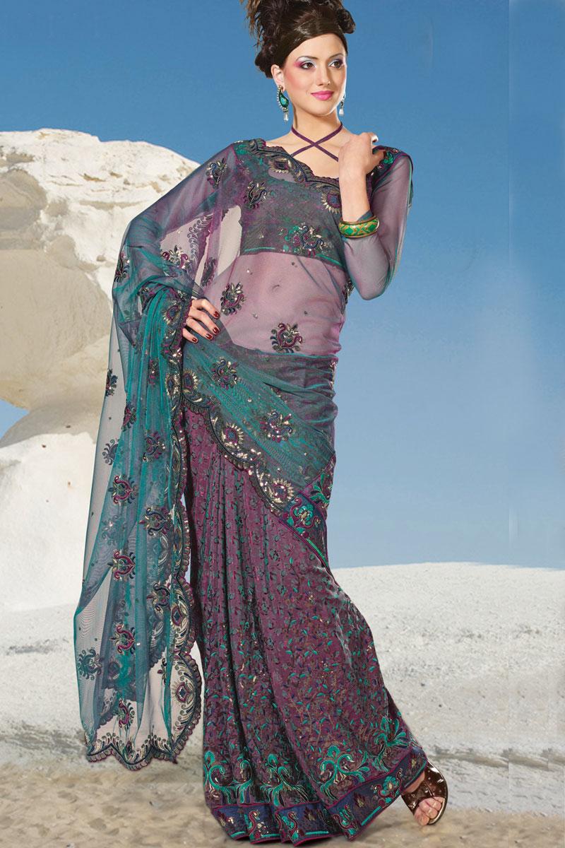 Bondi Blue and Purple Wedding and Festival Embroidered Saree   92.00