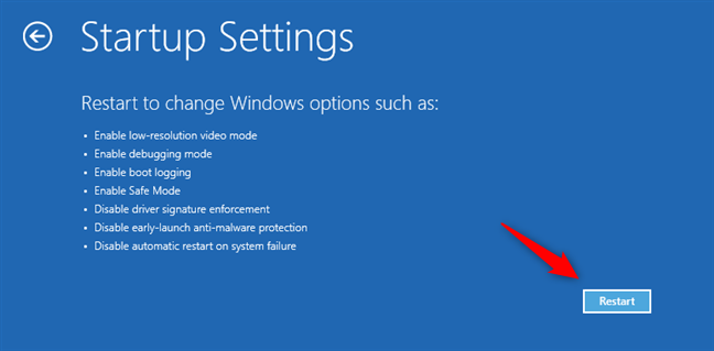 Configuración de inicio: elija Reiniciar para las opciones de modo seguro de Windows 11
