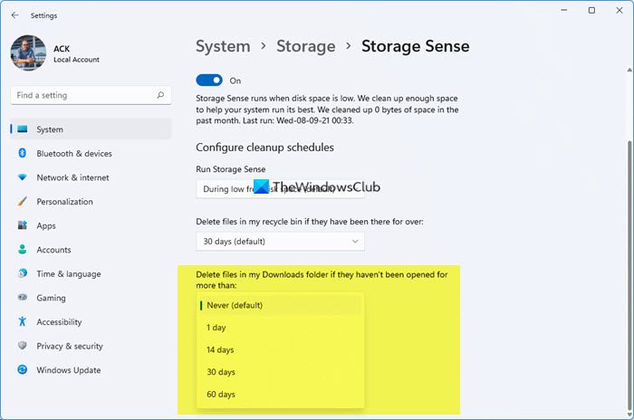 หยุดหรือกำหนดให้ Storage Sense ลบไฟล์ออกจากโฟลเดอร์ Downloads