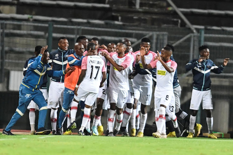 Dondol Stars players celebrates during the Nedbank Cup, Last 32 match against SuperSport United at Lucas Moripe Stadium on February 08, 2023.