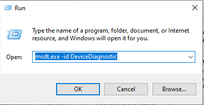 กด Windows Key + R เพื่อเปิด Run และพิมพ์ msdt.exe -id DeviceDiagnostic กด Enter