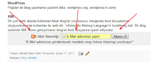 blogger yazının sonunda email rss abonelik formu