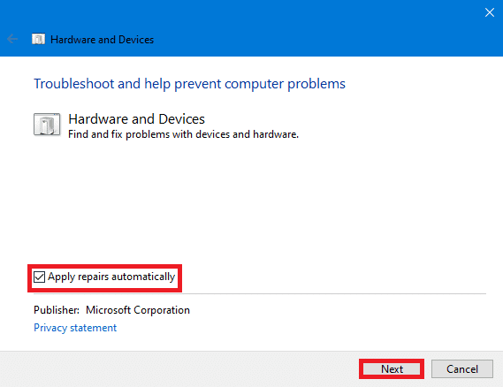 Solucionador de problemas de hardware y dispositivos |  Solucionar error de pantalla azul en Windows 10