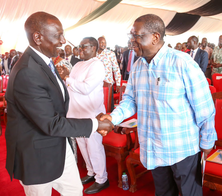 President William Ruto with former Busia Senator Amos Wako during interdenominational prayers in Busia County on May 28,2023.