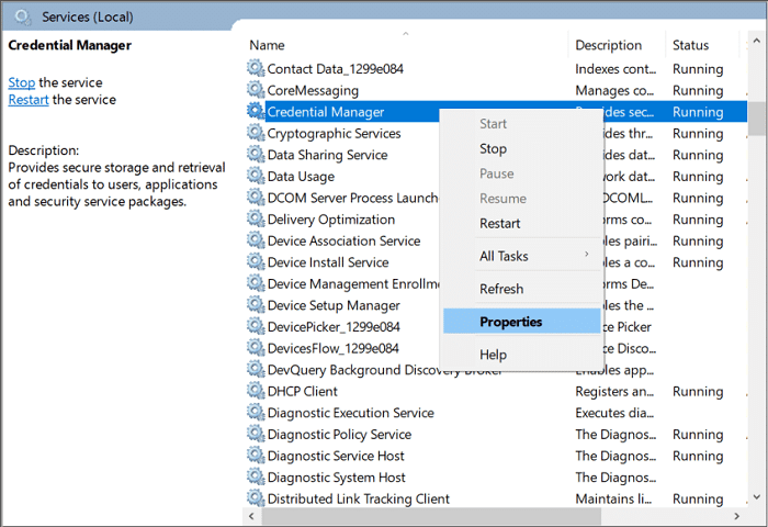 Cliquez avec le bouton droit sur Credential Manager Service, puis sélectionnez Propriétés