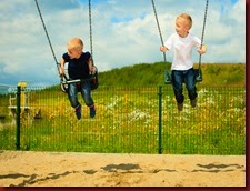 Little Boys Brothers Having Fun On A Swing Outdoor