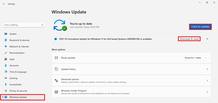 Tabblad Windows-update in de app Instellingen.  Hoe te repareren dat de webcam niet werkt op Windows 11