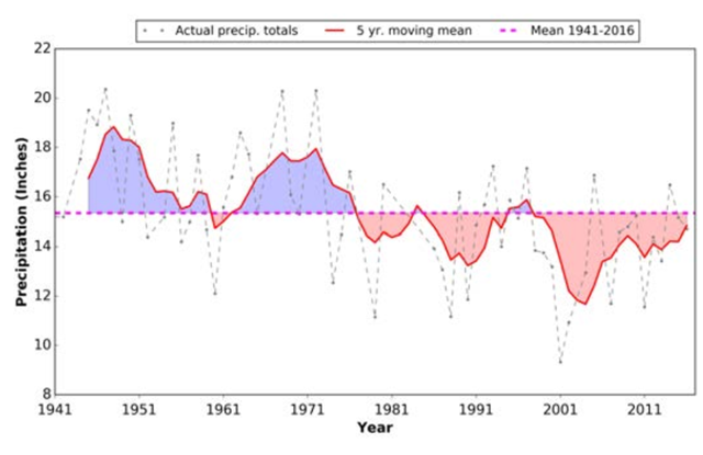 Annual precipitation at Mammoth Hot Springs, Yellowstone National Park, 1941–2016. The running mean is based on a time series with 21.1 percent missing values. The five-year moving mean includes the current year and previous four years. Graphic: Yellowstone Center for Resources