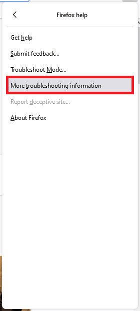 リストから[その他のトラブルシューティング情報]オプションを選択します。 Firefoxが応答しない問題を修正する