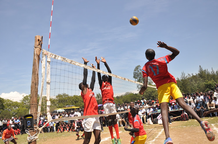 Cheptil’s Maiyo David goes up to strike against NamweLa High School's representative yesterday.