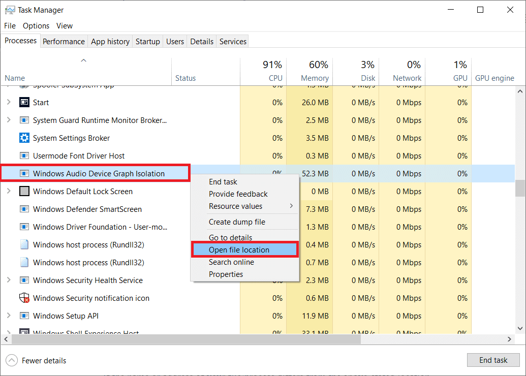 En la pestaña Procesos, ubique el proceso de aislamiento de gráfico de dispositivo de audio de Windows y seleccione Abrir ubicación de archivo