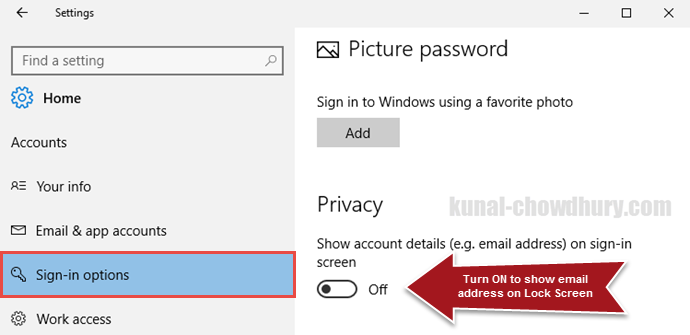 Windows 10 Settings - How to turn ON showing email address on sign-in screen (www.kunal-chowdhury.com)