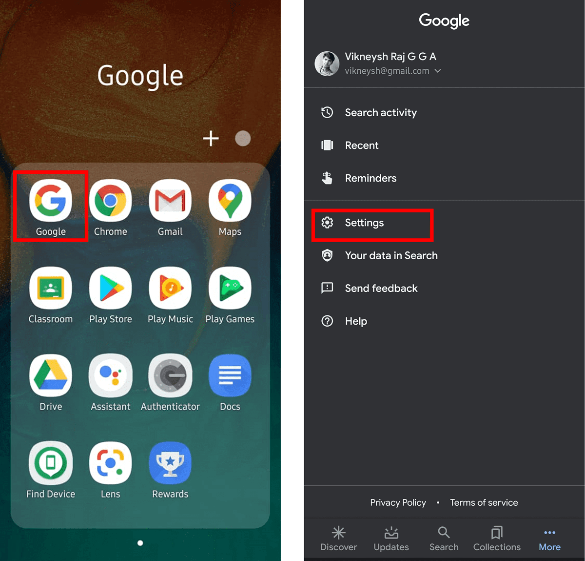 เปิด Google App จากนั้นเลือกตัวเลือกเพิ่มเติม จากนั้นเลือก Settings