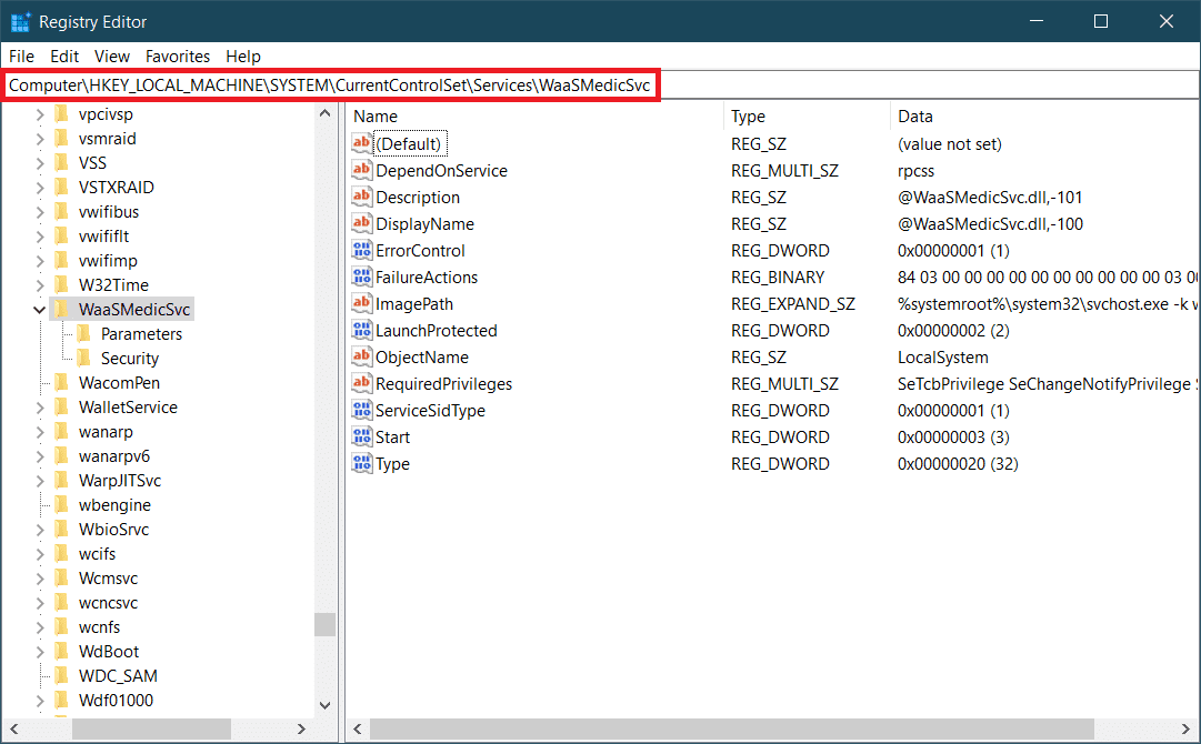 注册表编辑器窗口。 什么是 Windows 10 中的 WaasMedic Agent Exe