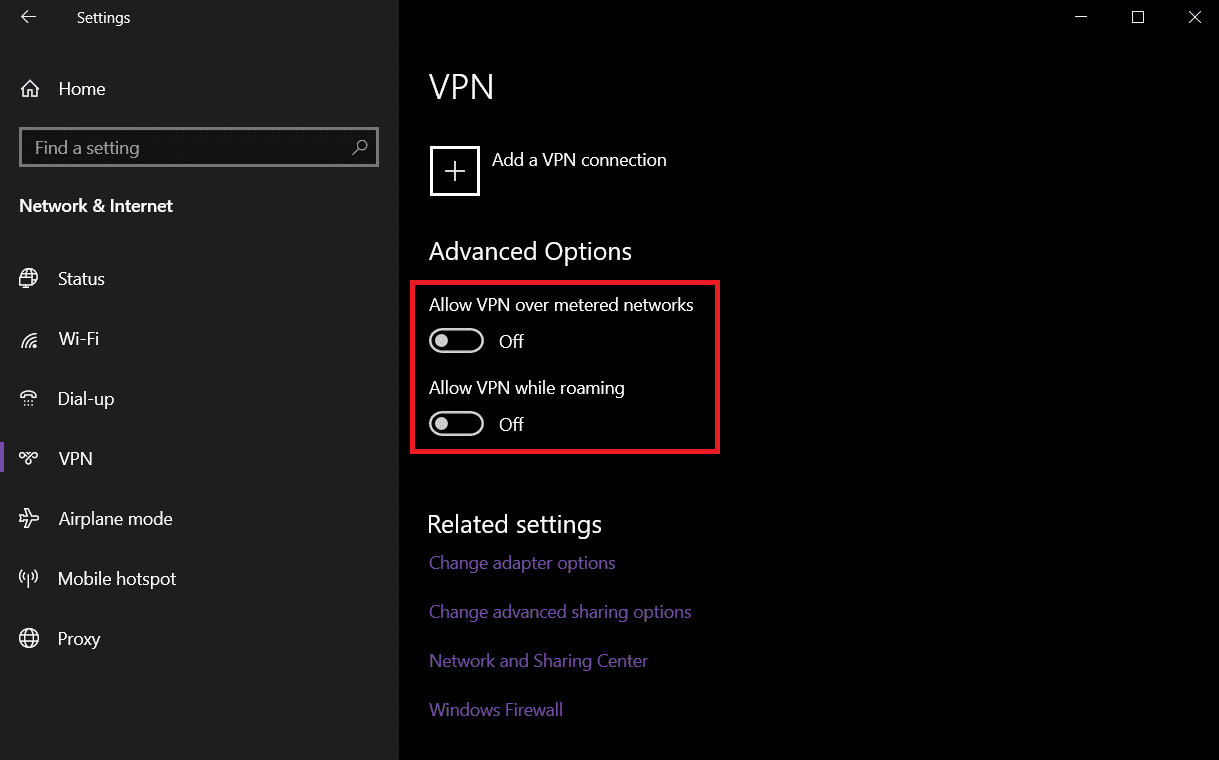 In the Settings window, in the Advanced Option toggle off the VPN options