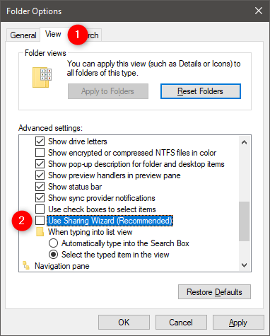 การตั้งค่า Use Sharing Wizard (แนะนำ) ใน File Explorer