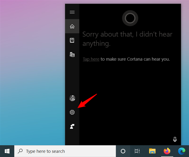 Bouton Paramètres de Cortana