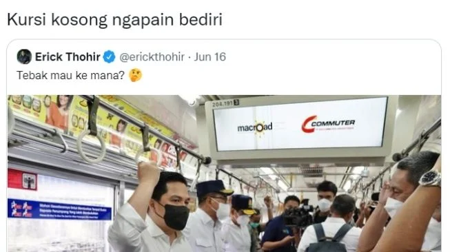 Unggahan Erick Thohir saat Naik KRL Berdiri Jadi Sorotan, Publik: Mungkin Bukan Kursi itu yang Dia Inginkan