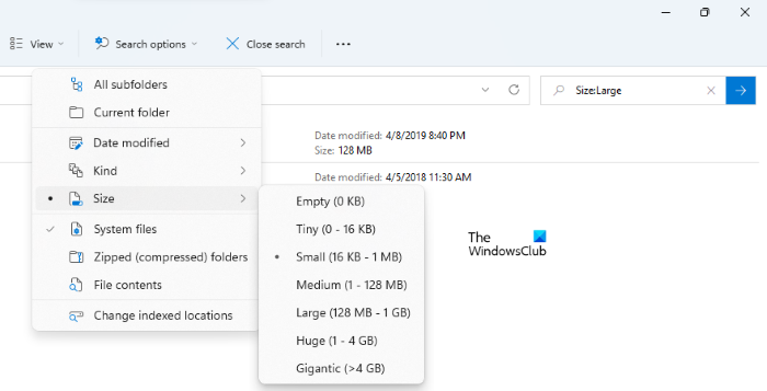 encuentre los archivos más grandes usando las opciones de búsqueda