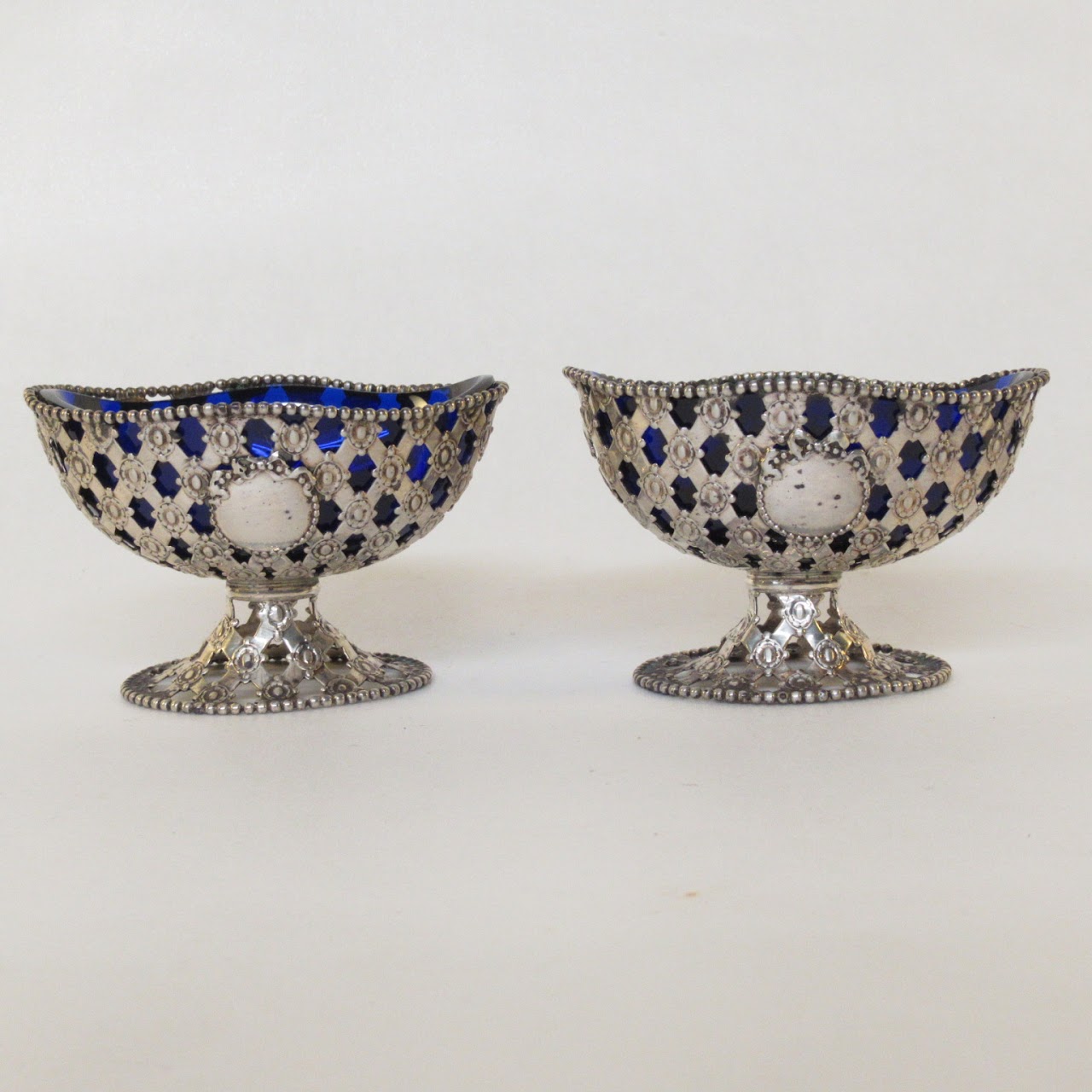 Sterling Silver & Cobalt Glass Pierced Salt Cellar Pair