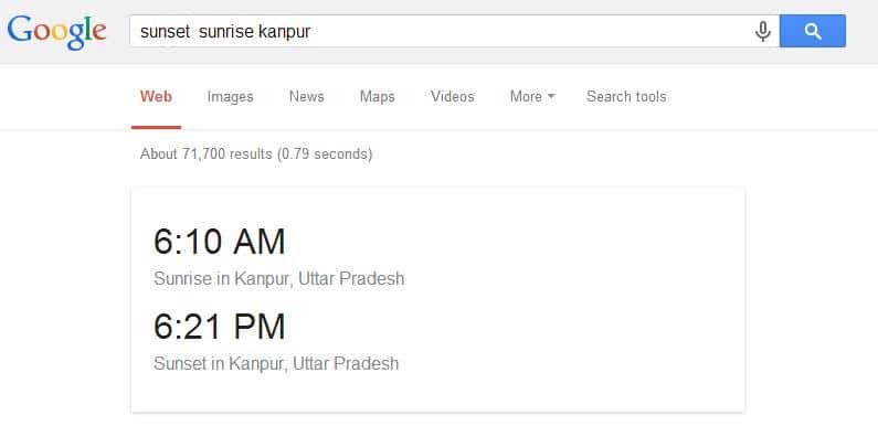 Google sẽ cung cấp cho bạn thời gian Bình minh và Hoàng hôn chính xác cho bất kỳ thị trấn nào