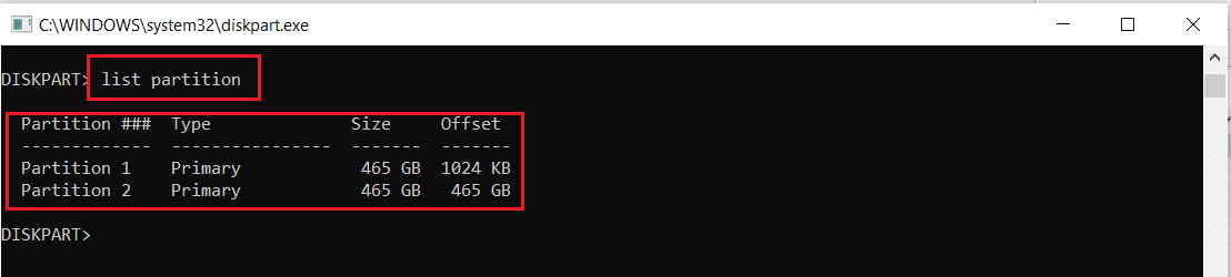 รันคำสั่ง list partition ในพรอมต์คำสั่ง Diskpart หรือหน้าต่าง cmd  แก้ไขไม่สามารถสร้างพาร์ติชันใหม่ที่ไม่ได้จัดสรรพื้นที่บน Windows 10