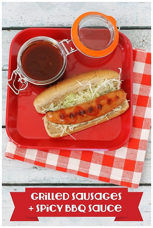 grilled sausage and spicy BBQ sauce