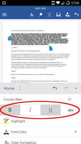 Android, Microsoft, Office, Word, text, písmo, formát, velikost, barva, úpravy, možnosti