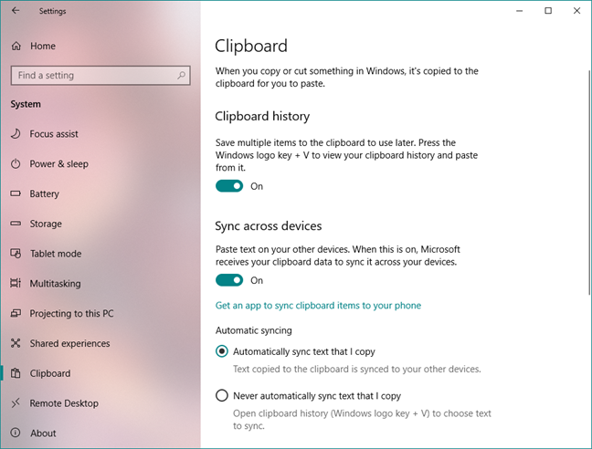 2018년 10월 업데이트가 포함된 Windows 10의 클립보드 기능 및 설정