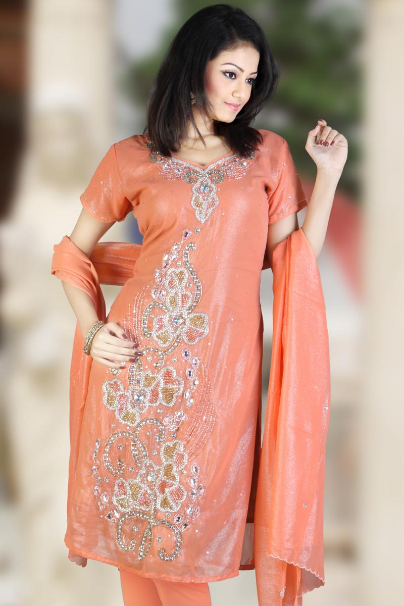 Light Orange Embroidered Shimmer Georgette Churidar Kameez   48.00