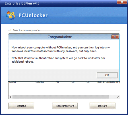 รีเซ็ตรหัสผ่านสำเร็จโดยใช้ PCUnlocker