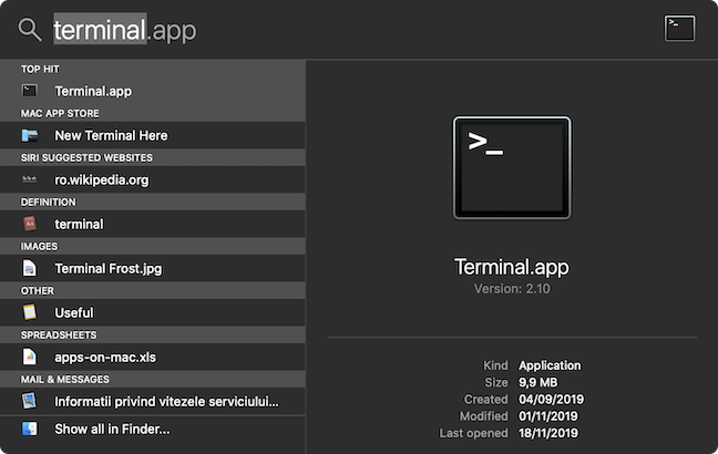 Поиск приложения Terminal через Spotlight