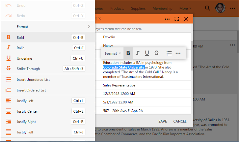 The panel of RTF options activated from the built-in RTF editor in apps with Touch UI. The panel of RTF options activated from the built-in RTF editor in apps with Touch UI.