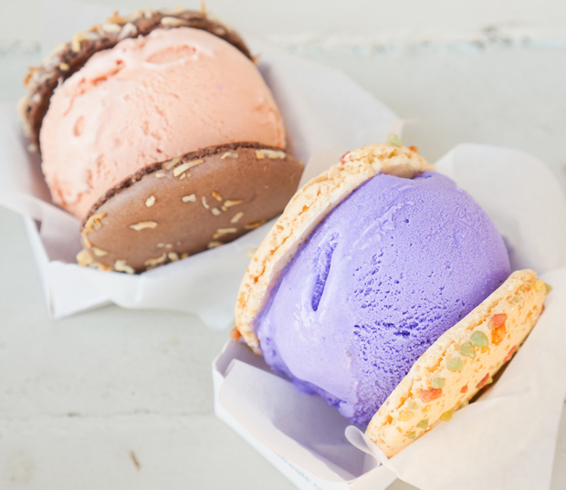 overhead photo of Birthday Macaron with Ube Ice Cream, Choco-Coco Macaron with Thai Tea Ice Cream