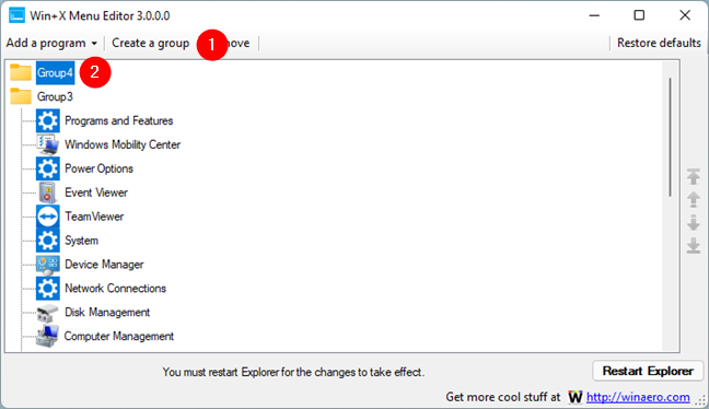 Tạo nhóm trong Win + X Menu Editor