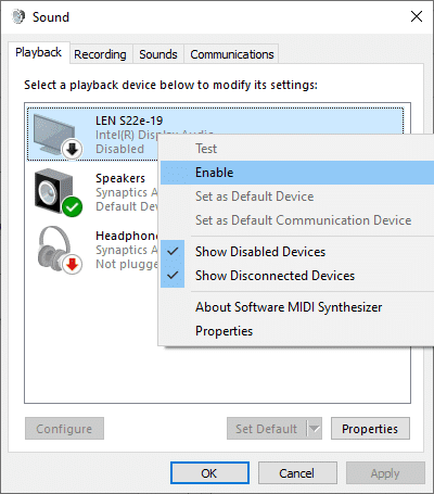 Ahora, haga clic derecho en el dispositivo de audio y verifique si está habilitado.  Si está deshabilitado, haga clic en Habilitar, como se muestra en la imagen a continuación.