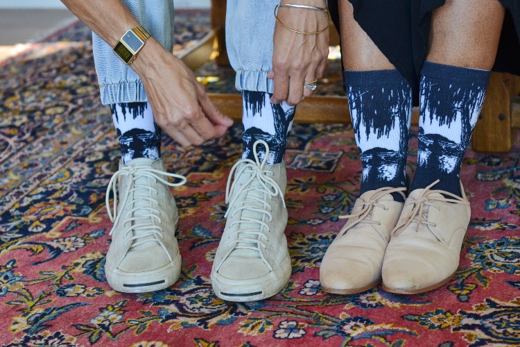 Locally produced socks with Willow Tree In Summer Linocut by Pierneef created in 1924 reimagined by Rest Established.