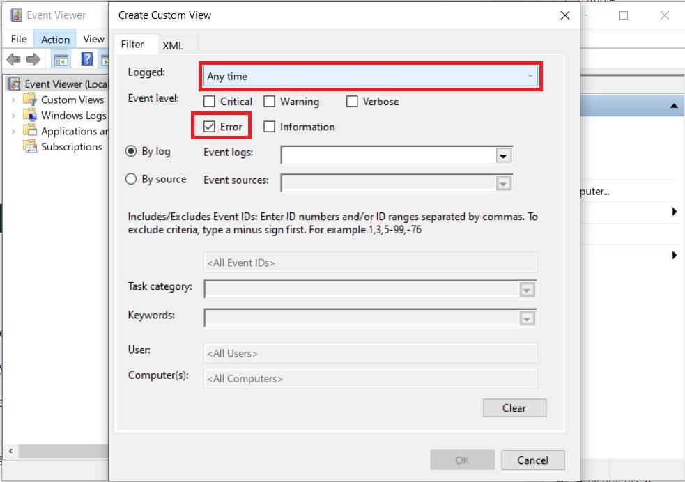 Logged 필드에서 시간 범위와 이벤트 수준을 선택합니다 |  Windows 10에서 BSOD 로그 파일 위치는 어디입니까?