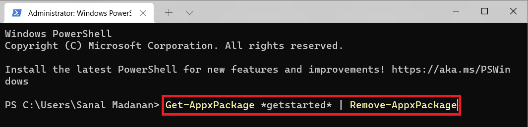 Команда Windows PowerShell для удаления приложения getstarted