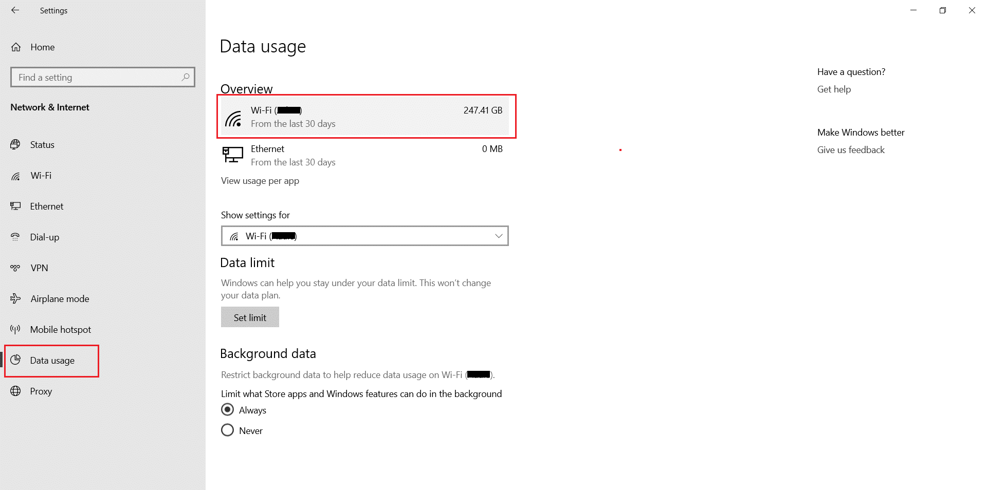 ไปที่การใช้ข้อมูลในเครือข่ายและความปลอดภัยที่ Windows Settings