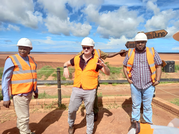 Mining PS Elijah Mwangi, Base Titanium external affairs general manager Simon Wall and Msambweni MP Feisal Bader during a site visit in Kwale county on Monday, May 6, 2024.